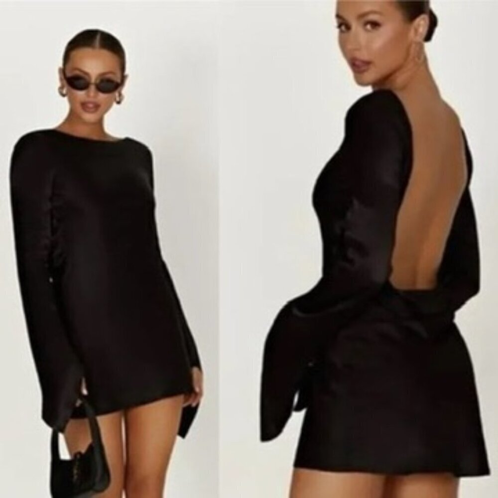 Meshki Davina Satin Black Long Bell Sleeve Mini Dress Black Size XS
